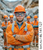 A man observes safety precautions at work while clearing rubble. Safety precautions at work. Стоковое AI-изображение, AI-художник Сергей Елизарьев / Фотобанк Лори