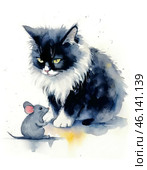 Funny black and white kitten and gray mouse, watercolor. Стоковое AI-изображение, AI-художник Сергей Елизарьев / Фотобанк Лори
