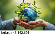 Hands Hold a Mini Globe With Green Leaves, Symbolizing Sustainability and Environmental Care, as the Subject Gazes at the Camera. Стоковое AI-видео, аниматор Sergey Grishin / Фотобанк Лори
