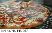 Steaming hot pizza with crispy bacon, fresh tomatoes, gooey melting cheese, and fragrant herbs baking on a metal rack in the oven. Close-up. Delicious details of this mouthwatering culinary delight. Стоковое AI-видео, аниматор Марина Демидюк / Фотобанк Лори
