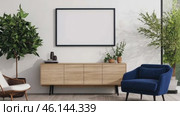 Frame mock-up. Poster mockup. Latest Trends in Modern Living Room. Minimalist Bohemian Furniture styles. Stylish home minimal design with a wooden cabinet, cozy blue chair. Boho interior, rustic decor. Стоковое AI-видео, аниматор Марина Демидюк / Фотобанк Лори