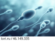 A high-detail 3D-rendered illustration of sperm cells swimming, highlighting their movement and role in human fertilization and reproductive science. Стоковое AI-изображение, AI-художник Башкирова Анна / Фотобанк Лори