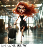 A stylish, cartoon-style girl with exaggerated facial features - huge expressive eyes, red flowing hair and a fragile but elegant figure. She is dressed in an elegant black evening dress and high heels, confidently walking through the airport, holding a black suitcase on wheels in her hand. The atmosphere is filled with dynamics, creating a sense of haste and an important mission. The light and modern architecture of the terminal enhances the effect of movement and gives the scene a cinematic expressiveness. Стоковое AI-изображение, AI-художник Анна Кривицкая / Фотобанк Лори