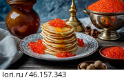 Russian traditions. Russian holiday Maslenitsa. Still life with a stack of pancakes and red caviar. Стоковое AI-изображение, AI-художник Photojuli / Фотобанк Лори