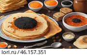Russian traditions. Russian holiday Maslenitsa. Still life with a stack of pancakes and black caviar. Стоковое AI-изображение, AI-художник Photojuli / Фотобанк Лори