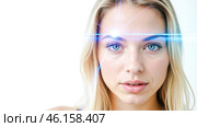 Young woman with glowing blue laser light on forehead, clear skin, futuristic look, beauty treatment, close-up portrait, white background, wellness, skincare. Стоковое AI-изображение, AI-художник Павел Муравьев / Фотобанк Лори