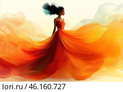 An elegant woman in a lush fiery orange dress that flows, reminiscent of flames or the wind in the desert. The dress is made with smooth transitions of shades from red to yellow, creating a sense of movement and lightness. Her dark hair flutters in the wind, and her face expresses calm and confidence. The background is minimalist and light, which emphasizes the drama and effectiveness of the image. Стоковое AI-изображение, AI-художник Анна Кривицкая / Фотобанк Лори