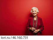 Portrait of a beautiful elderly woman in light clothes, smiling. A place for text, a banner for advertising. Стоковое AI-изображение, AI-художник ketpro.design / Фотобанк Лори