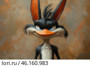 A fantastic anthropomorphic creature that resembles a cross between a hare and a coyote. It has long, pointed ears with red inner parts, black and white fur, and a distinctive beak like a bird. Its eyes look cunning and a little evil, giving the impression of a devious character. The background has a textured, warm, beige-brown coloring, similar to an oil painting, which gives the painting an artistic look. The image is reminiscent of characters from comics and animation. Стоковое AI-изображение, AI-художник Анна Кривицкая / Фотобанк Лори