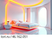 Retrofuturism interior of the building, free space bedroom. AI Generative. Стоковое AI-изображение, AI-художник Spirit River / Фотобанк Лори