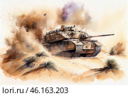 A battle tank moving through a sandy desert landscape. The tank kicks up a cloud of dust, creating a dynamic sense of movement and a tense atmosphere. The camouflage paintwork of the vehicle blends into the surrounding environment, and the hull shows signs of wear and tear. Flags are mounted on the turret of the tank, which may indicate its affiliation with a particular army. The background consists of dry plants and small bushes, emphasizing the harsh desert conditions. Стоковое AI-изображение, AI-художник Анна Кривицкая / Фотобанк Лори