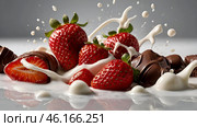 A creative cooking template. A close-up of strawberries with milk and chocolate, a milkshake, a yogurt smoothie with liquid droplets. Стоковое AI-изображение, AI-художник Photojuli / Фотобанк Лори