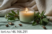 A mock-up of a comfortably burning candle made of glass with an empty white label and greenery in a home interior. Стоковое AI-изображение, AI-художник Photojuli / Фотобанк Лори