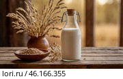 Organic natural oat milk in a glass bottle on a stylish wooden board and plants. Natural, environmentally friendly products. Стоковое AI-изображение, AI-художник Photojuli / Фотобанк Лори