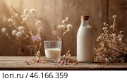 Organic natural oat milk in a glass bottle on a stylish wooden board and plants. Natural, environmentally friendly products. Стоковое AI-изображение, AI-художник Photojuli / Фотобанк Лори