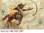 A mythical bull-headed centaur, reminiscent of a cross between a centaur and a minotaur. He pulls back his bow, aiming at an invisible target, and his body is covered in colorful spots, creating the effect of an ancient fresco or ancient cave painting.The background is a weathered wall with cracked plaster, which creates the impression of an antique artifact or a work of epic art. The color scheme consists of earthy tones, gold shades and chaotically scattered blue and red splashes, which gives the image dynamism and power.This image symbolizes severity, militancy and mythological heritage, evoking associations with ancient Greek myths, warrior legends and fantasy universes. Стоковое AI-изображение, AI-художник Анна Кривицкая / Фотобанк Лори