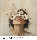 A woman with closed eyes, hidden behind a bouquet of daisies and wild flowers. The flowers seem to grow straight out of her hair, creating a mystical, surreal effect.Her lips are slightly parted, which gives the image emotional depth, a sense of tenderness and dreaminess.The background is done in warm pastel colors, which emphasizes the atmosphere of coziness and harmony with nature. The work resembles the style of realistic painting with elements of fantasy, conveying a sense of calm, imagination and hidden meaning.The painting can symbolize freedom of thought, connection with nature or the inner world of a person, filled with dreams and feelings. Стоковое AI-изображение, AI-художник Анна Кривицкая / Фотобанк Лори