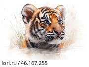A tiger cub in the water. Its fur is slightly damp but still fluffy, and its eyes reflect curiosity and tenderness. The watercolor style of the painting gives the image a lightness, making it airy and alive.The background of the painting is done in soft pastel colors, creating the effect of fog or slight blur, which emphasizes the tiger cub. Drops of water and blades of grass protruding from the water add naturalness and realism to the scene.This image symbolizes tenderness, natural beauty and wildness combined with the innocence of childhood. Стоковое AI-изображение, AI-художник Анна Кривицкая / Фотобанк Лори