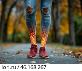воспаление сустава, больные вены, перелом кости, женщина, страдающая остеоартритом, травма ноги. Стоковое AI-изображение, AI-художник Руслан Лесков / Фотобанк Лори
