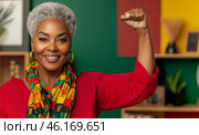 frican american mature woman with raised fist of empowerment and black women solidarity, International Womens Day, Black History Month concept. Стоковое AI-изображение, AI-художник Анастасия Золотницкая / Фотобанк Лори