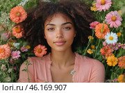 A young girl with natural beauty lying among wild flowers. She has radiant smooth skin, a warm look and a soft smile. Her lush, curly hair blends with the surrounding nature, creating a feeling of unity with the flowers. The background is bright orange, pink, white and yellow flowers, creating an atmosphere of warmth and freshness. The girl is dressed in a light pastel dress, complementing the harmonious color palette. Стоковое AI-изображение, AI-художник Анна Кривицкая / Фотобанк Лори