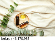Bowl and bottles of eucalyptus essential oil on light cloth. Стоковое фото, фотограф Pixel_shot / Фотобанк Лори