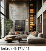 Stylish modern interior in minimalist and loft style. The living room is decorated in neutral warm shades using natural materials such as concrete, wood and glass. The central place is occupied by a spacious modular sofa with textile upholstery, decorated with decorative pillows in beige and brown tones. In front of the sofa is an original coffee table made of dark wood, and next to it is a stylish pouf.High ceilings and panoramic windows allow natural light to penetrate the space, creating a cozy atmosphere. Laconic wall art in dark shades gives the room an artistic accent. Built-in shelves with soft lighting add depth to the interior, emphasizing the elegance and thoughtfulness of the design. In the corner of the room there is a green plant that refreshes the space and gives natural harmony. Стоковое AI-изображение, AI-художник Анна Кривицкая / Фотобанк Лори
