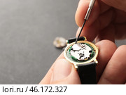 Clockmaker repairing broken watch at table, closeup. Стоковое фото, фотограф Pixel_shot / Фотобанк Лори