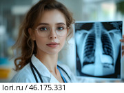 Молодая женщина врач с рентгеновским снимком больного человека. Стоковое AI-изображение, AI-художник Щеголева Ольга / Фотобанк Лори