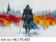 A mysterious knight in dark armor, standing with his back to the viewer and holding a sword in his right hand. His long cloak flutters in the wind, and in front of him stretches a half-ruined city with high Gothic towers. The background is done in an artistic watercolor style, with blurred boundaries between the colors. The lower part of the painting is a chaos of fire and blood - a blazing field in red, orange and yellow tones, creating the impression of a battle or destruction.The color scheme is divided into cold gray-blue shades of the city and the dark knight, contrasted with bright scarlet-orange spots, symbolizing fire or bloodshed.The image of the knight creates a feeling of loneliness, a fateful choice and the end of a great battle. He can be a winner returning to his city, or the last warrior, observing the consequences of destruction. This work conveys epicness, tragedy and the spirit of medieval heroism. Стоковое AI-изображение, AI-художник Анна Кривицкая / Фотобанк Лори