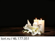 Candles with lily flowers on table against dark background. Стоковое фото, фотограф Pixel_shot / Фотобанк Лори