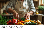Slicing fresh vegetables in a cozy kitchen during early afternoon cooking session. Стоковое AI-изображение, AI-художник Сергей Толмачёв / Фотобанк Лори