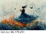 A watercolor painting of a woman in a long blue dress standing against a backdrop of tame nature. She holds a book in her hands and her hair flutters in the wind, creating a sense of freedom and lightness. Flocks of birds fly around her, their movements creating a sense of dynamism. In the foreground of the painting is a colorful mixture of colors, reminiscent of fields of flowers and grasses, which smoothly transition into darker, deeper shades in the back of the painting. The overall atmosphere of the work is a mixture of peace and aspiration for something more, perhaps discovery and inspiration. Стоковое AI-изображение, AI-художник Анна Кривицкая / Фотобанк Лори