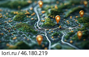 An interactive travel map, custom routes, markers with information, 3D models. Стоковое AI-изображение, AI-художник Katsiaryna Repich / Фотобанк Лори