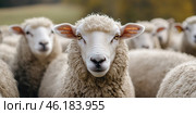 Flock of sheep grazes peacefully in a rustic farm setting alive with nature. Detailed closeup of brown and white sheep herd. Concept of sheep farming and herding. Open-air sheepfold. Farmhouse. Стоковое AI-изображение, AI-художник Евгений Демидюк / Фотобанк Лори