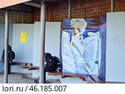 Город Заводоуковск. Автобусная остановка "Рынок", украшенная  картиной "Царевна-Лебедь", художник Врубель. Редакционное фото, фотограф Александр Тараканов / Фотобанк Лори