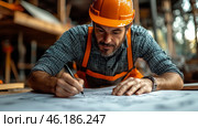 Construction worker drafts building plans at a construction site during daylight hours. Стоковое AI-изображение, AI-художник Юлия Гапеенко / Фотобанк Лори
