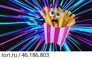 Animated french fries expressing surprise in a colorful abstract background. Стоковое видео, видеограф Данил Руденко / Фотобанк Лори