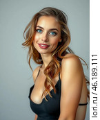 Женщина позирует для репортажной фотографии, элегантной красоты, рубина и лазурных глаз. Стоковое AI-изображение, AI-художник Николай Николенко / Фотобанк Лори