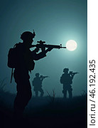 Silhouettes of military soldiers maneuver through thick fog, preparing for an active confrontation. Atmosphere is tense as the sun begins to rise. The military goes on the night attack. Generative AI. Стоковое AI-изображение, AI-художник Юлия Петровская / Фотобанк Лори