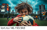 Активный мальчик поймал мяч, спортивная злость, гроза. Active boy caught a ball, athletic anger, thunderstorm. Стоковое AI-изображение, AI-художник Смирнова Светлана / Фотобанк Лори