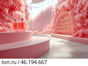 Stylish interior, decorated in pastel pink tones. In the center are two bottles of perfume, located on a round podium. In the background you can see a wall with shelves on which bottles of perfume are placed. Around is a cloud of pink lush clouds or veils, creating an atmosphere of airiness and sophistication. The space looks minimalistic and elegant. Стоковое AI-изображение, AI-художник Анна Кривицкая / Фотобанк Лори