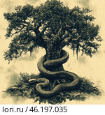 A dark symbolic subject: a massive old tree with a dense, overgrown crown, around which a huge snake is coiled. The snake tightly embraces the trunk, its body is covered with detailed scales, and its head is located at the base, creating a sense of vigilant observation or threat. The composition is made in monochrome tones with a sepia effect, which gives the image an antique or engraving style. The atmosphere is filled with mysticism and allusions to mythological and biblical motifs, such as the Tree of Knowledge and the serpent-tempter. The image evokes associations with the symbolism of wisdom, danger, forbidden knowledge and the cyclical nature of life. Стоковое AI-изображение, AI-художник Анна Кривицкая / Фотобанк Лори