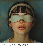 A young woman with black hair and thick bangs, her eyes are covered with a bandage made of rough fabric that looks old and worn. The bandage is tied around her head, secured with a ribbon. The girl's skin is fair, with freckles, her lips are slightly parted. The lighting is soft, emphasizing the texture of the skin and its natural shine. The background is aged, blue-green with scuffs, creating an atmosphere of mystery and melancholy. The image is made in an artistic style reminiscent of classical painting with elements of retro aesthetics. Стоковое AI-изображение, AI-художник Анна Кривицкая / Фотобанк Лори