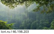 Lush green leaves glistening with raindrops during a refreshing rainfall in a tropical rainforest. Стоковое AI-изображение, AI-художник Юлия Гапеенко / Фотобанк Лори