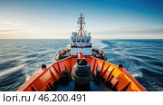 Tugboat navigates calm waters during golden hour in open sea. Стоковое AI-изображение, AI-художник Александр Довянский / Фотобанк Лори