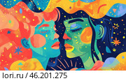 watercolor illustration, World Bipolar Day, silhouette of a gemini girl, opposite personalities, bright colorful background, vintage postcard. Стоковое AI-изображение, AI-художник Светлана Леуто / Фотобанк Лори