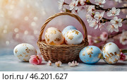 The concept of a bright Easter holiday. Delicate Easter eggs and cherry blossom branches on a pastel watercolor background with delicate streaks. Стоковое AI-изображение, AI-художник Photojuli / Фотобанк Лори