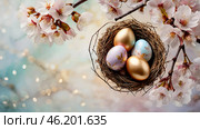 The concept of a bright Easter holiday. Delicate Easter eggs and cherry blossom branches on a pastel watercolor background with delicate streaks. Стоковое AI-изображение, AI-художник Photojuli / Фотобанк Лори