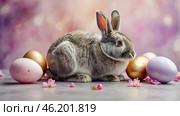 The concept of a bright Easter holiday. Delicate Easter eggs, a gray rabbit and tulip flowers on a pastel watercolor background with delicate veins. Стоковое AI-изображение, AI-художник Photojuli / Фотобанк Лори